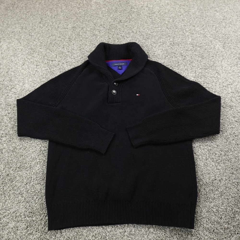 Tommy Hilfiger Sweater Mens M Black Shawl Collar Pullover Knit Button Sweatshirt